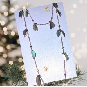 Goldtone Double Strand Necklace w/ Aqua Green Leaves